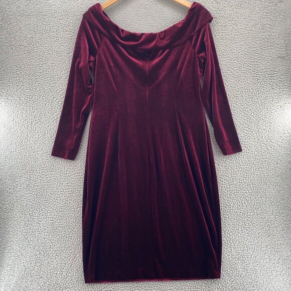 Calvin Klein Dress Womens 16 Burgundy Velveteen Off Shoulder Long Sleeve Knee - Picture 3 of 9